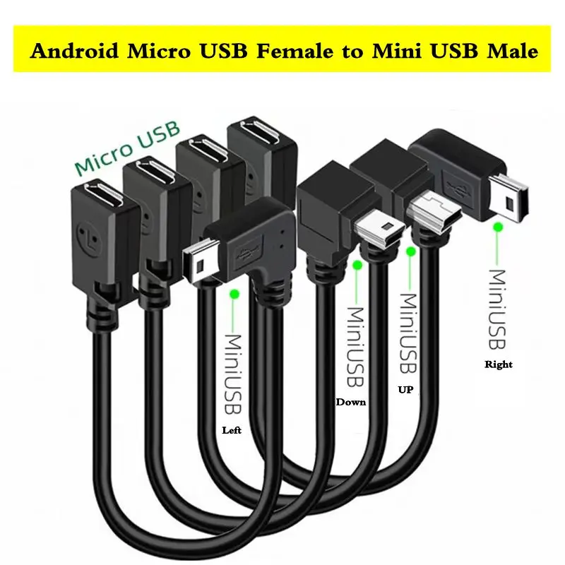0.25m Android Micro USB Female to Mini T-Shaped USB Male 90 ° Bend Charging Adapter Cable, Dash Cam Data Cable to MP3 Interface
