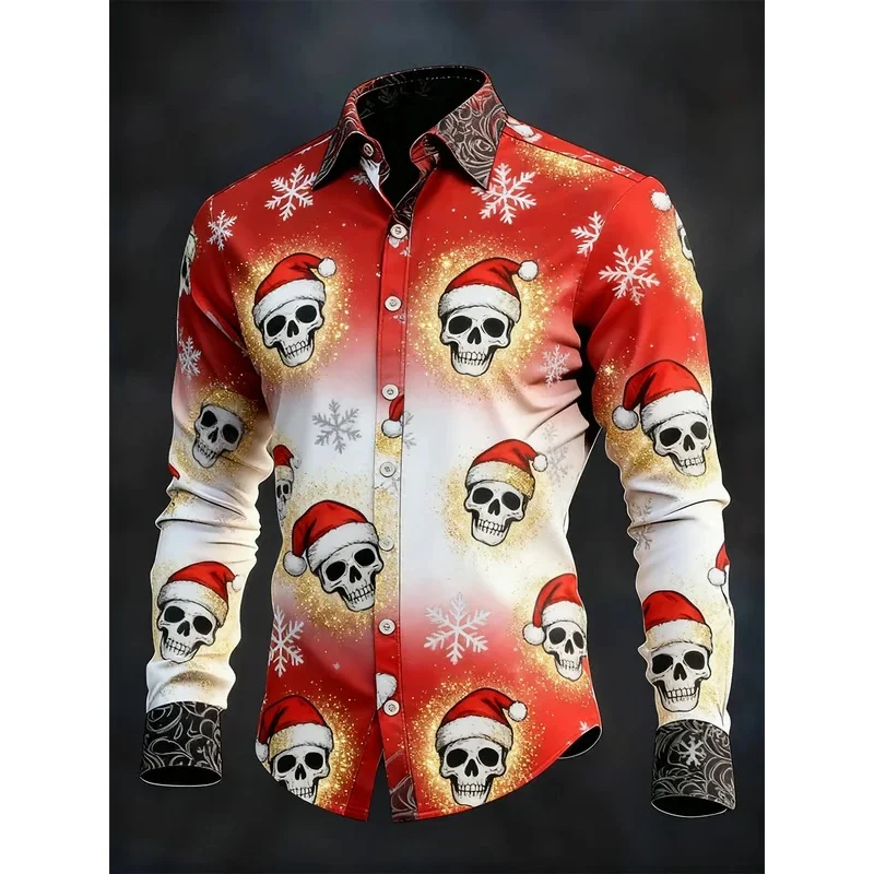 Gothic Christmas Skull Print Men's Long-Sleeve Shirt with Gradient Skull Print, Casual Fit, Perfect for Christmas Celebrations