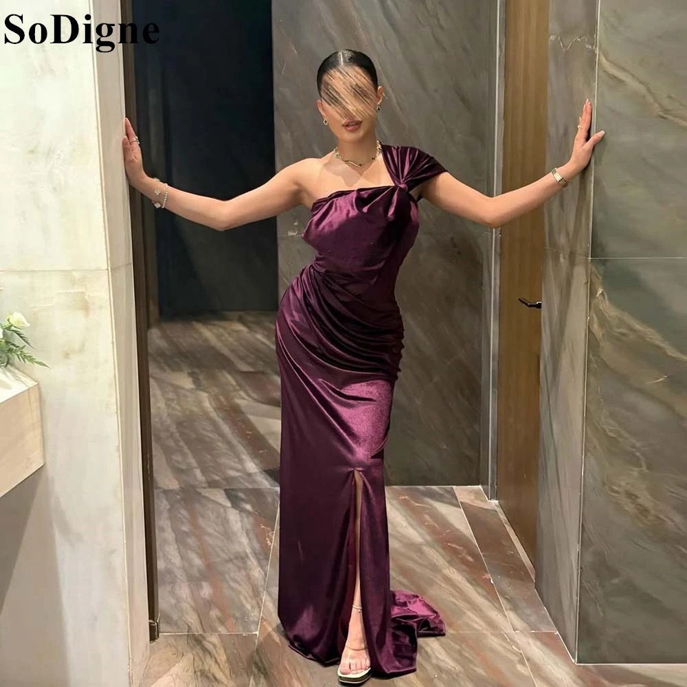 

SoDigne Elegant Burgundy Satin Evening Dresses Mermaid One Shoulder Draped Side Slit Bow Party Dress Arabic Prom Gown Customized