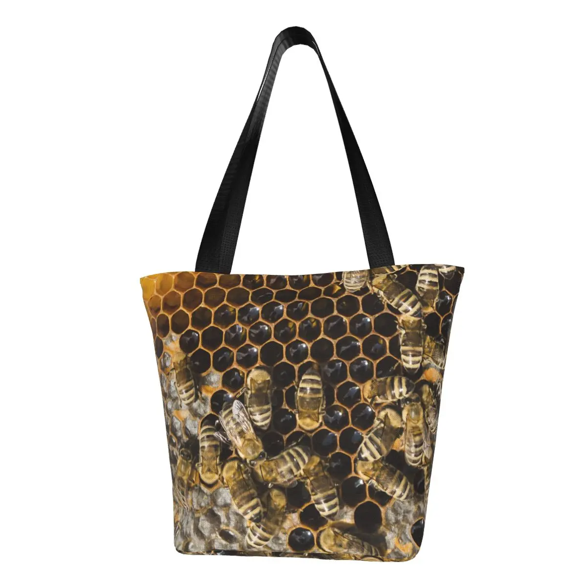 Custom Honeycomb With Bees Shopping Bag Women Canvas Shoulder Tote Bag Portable Cute Honey Bumblebee Grocery Shopper Bags