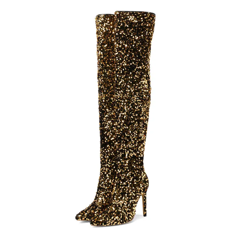 

Sparkled Sequins Stretch Thigh High Boots Women's Bling Over the Knee Boots Shoes Pointed Toe Sexy High Heels Party Stiletto