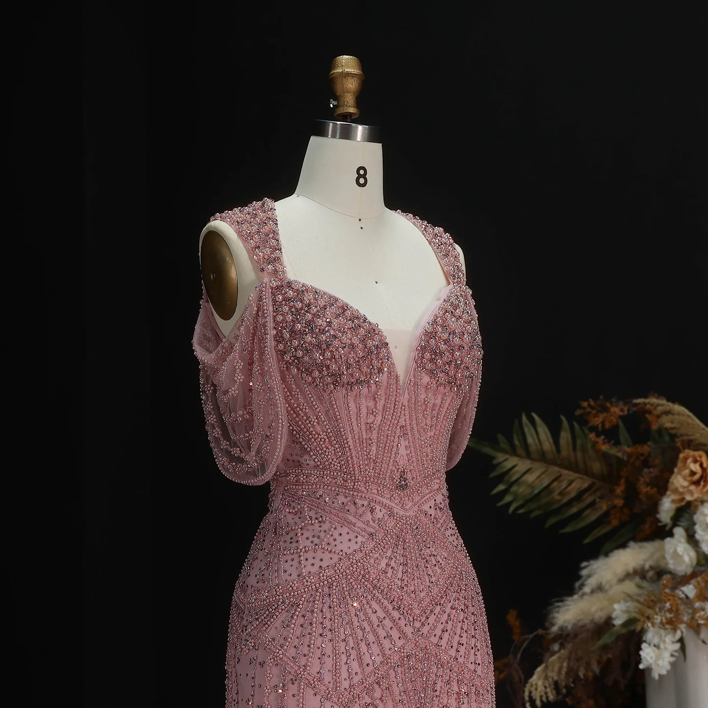 Sharon Said Luxuriöses Abendkleid mit rosa Perlen und Perlenstickerei, drapiertem Träger, V-Ausschnitt, Meerjungfrauen-Schnitt, für formelle Anlässe und Partys, SS193, maßgeschneidert – Detail 5
