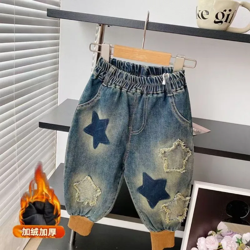 Children's Jeans Autumn Winter One-piece Velvet Boys and Girls Retro Loose Pants, Fashionable Casual Pants For Baby 1-6Y