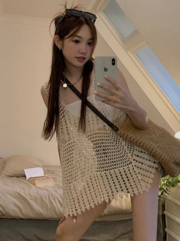 Sweater Vests Women Korean Style Hollow Out Retro V-neck Simple Ins Summer Casual All-match Baggy Fashion Sleeveless High Street