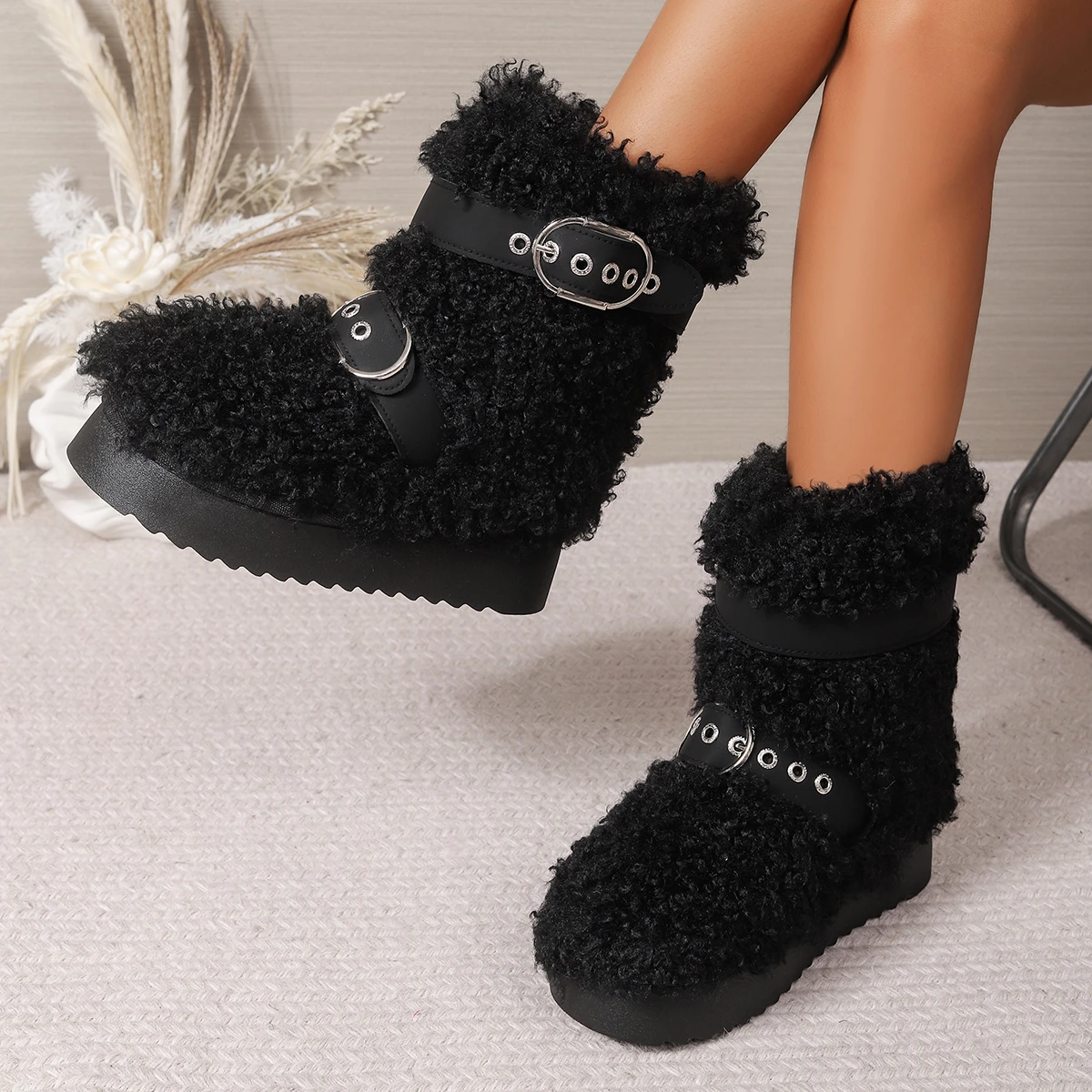 Korean Style Cute Lamb Wool Warm Snow Boots, New Winter Thickened Fleece Round Toe Slip-On Short Boots for Women