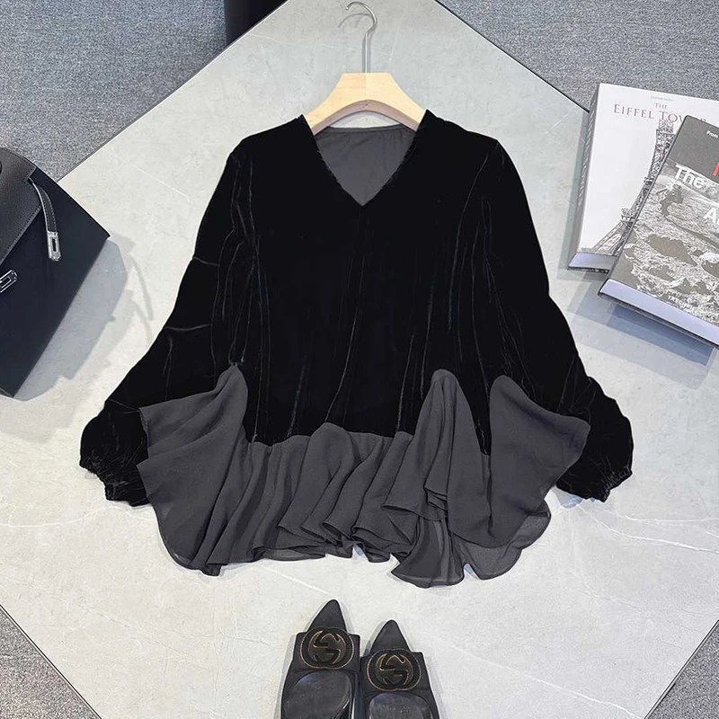 Autumn Winter Velvet Spliced Women V Neck Long Sleeve T Shirts Fashion Ruffles Business Casual Lady 2xl Oversized Tops Tee Black