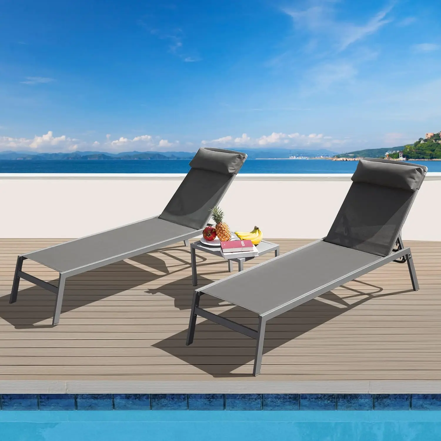 Aluminum Chaise Lounge Set 5-Position Adjustable Textilene Fabric Sunbathing Pool Chair with Headrest & Side Table, Customized