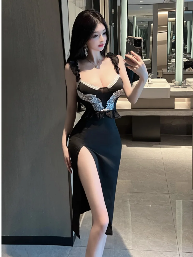 

Korean Style Women's Ruffle Edge Contrasting Color Sexy Spicy Girl Lace Strap Side Slit Long Dress Slim Waist Dress Elegant 68X4