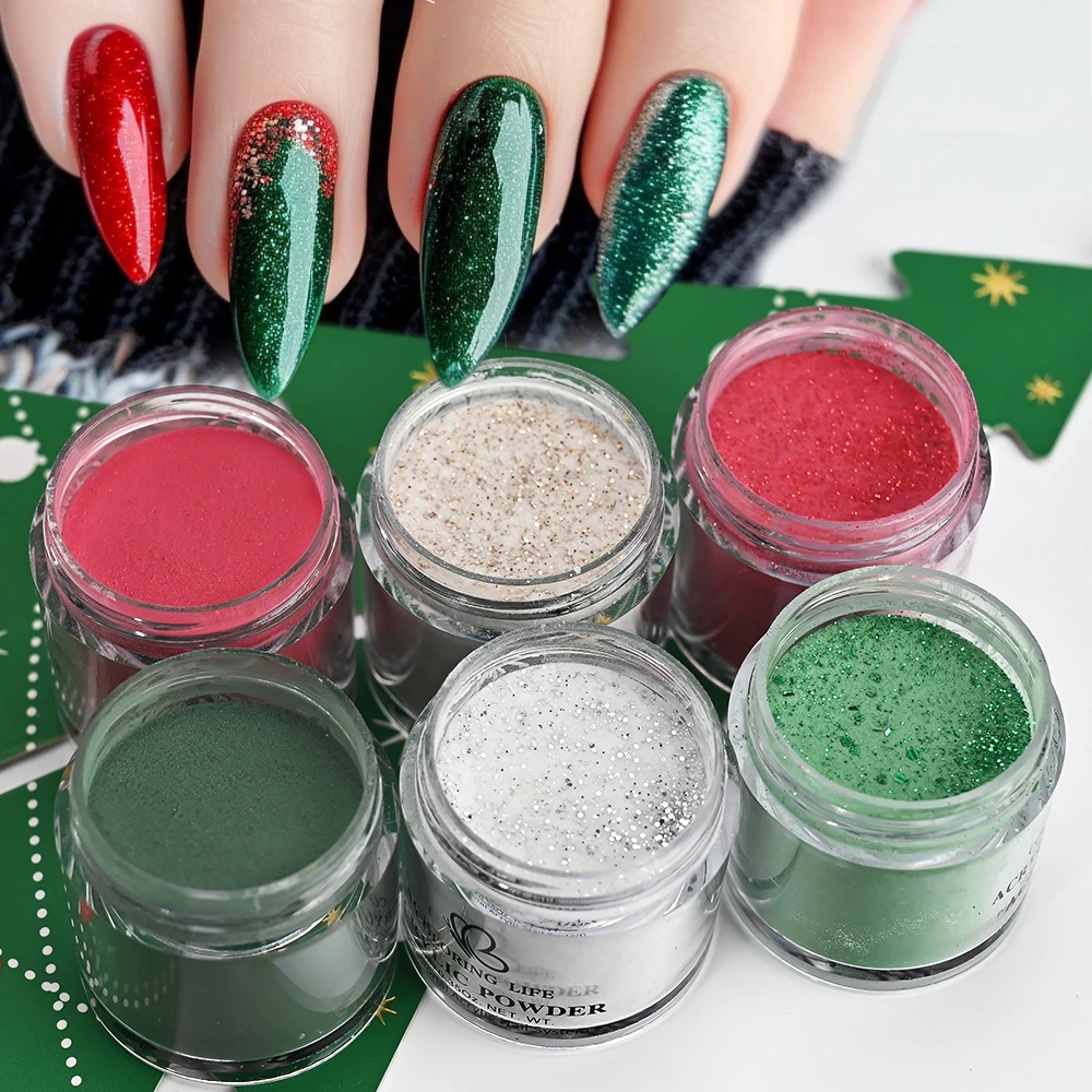 6Jars/Set Christmas Series Nail Acrylic Powder Glitter Red Green Gold Silver Polymer For Nails Extension Carving Flower Pigment