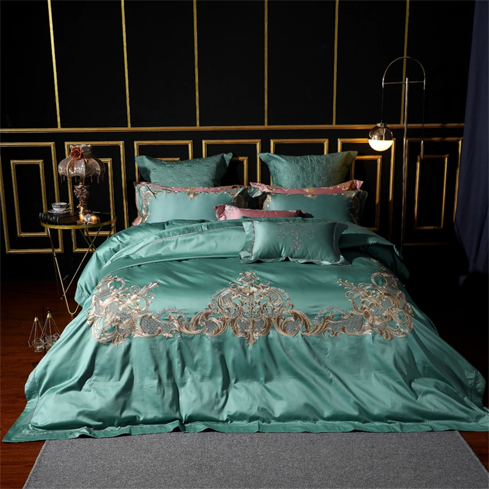 Green Gold Rococo Design Bedding Set Embroidery 4/7Pieces Queen King Size Cotton Bedspread Bed Sheets Pillowcase Duvet Cover