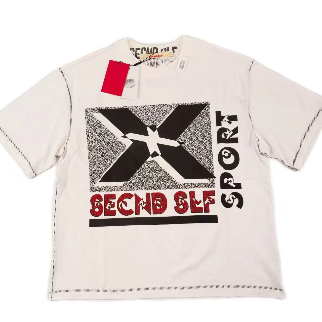 SECND SLF Big X Stone Print Short Sleeve T Shirt Men Women Tee Tops T-Shirt