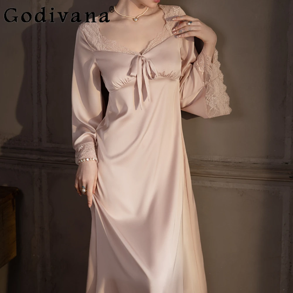 Sexy Pajamas Female Court Style with Chest Pad Long Sleeve Seduction Nightgowns Robe Outer Robe Homewear Set Dress