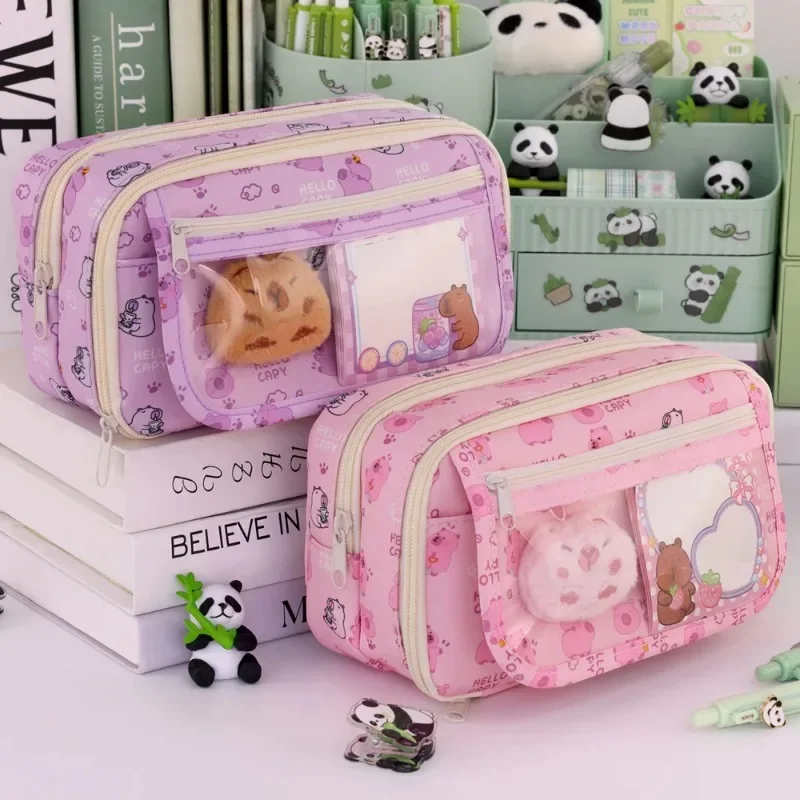 9-Layer Large Capacity Pen Bag Capybara/Panda Canvas Pencil Case Creative Simple Stationery Storage Pouch Lovely Student Gift