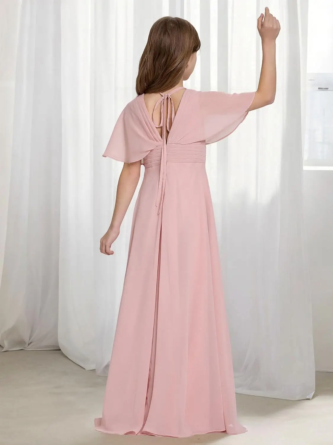 A Line Junior Dresses for Teen Girls Formal Dress Empire Batwing Sleeve Boho Chiffon Flower Girl Dress  Flower Girl Dress