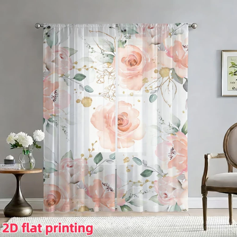 2PCS Digital Printed Sheer Curtain, Peach Rose Flower Print, Soft Romantic Pastel Floral for Living Room Bedroom Home Decor - view 3