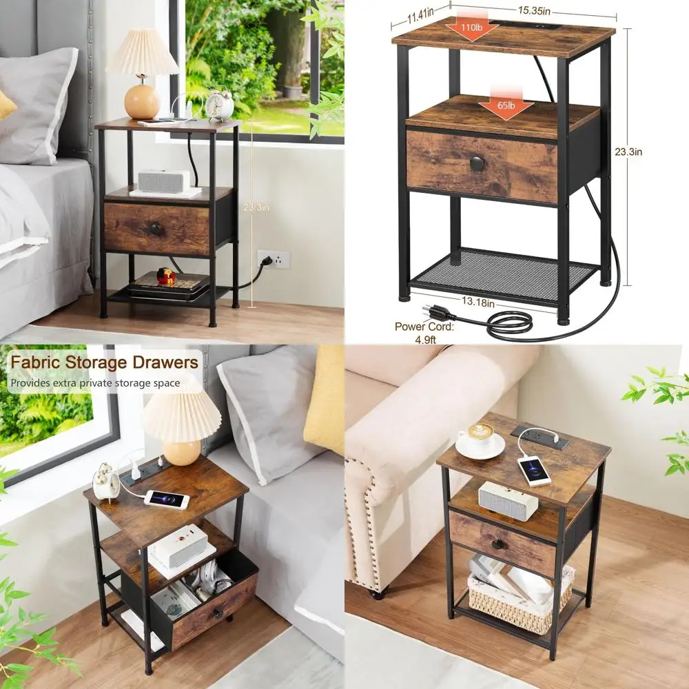 

Rustic Brown Charging Nightstand with Fabric Drawers for Small Spaces, Storage Side Table for Living Room and Bedroom HETS010PBR