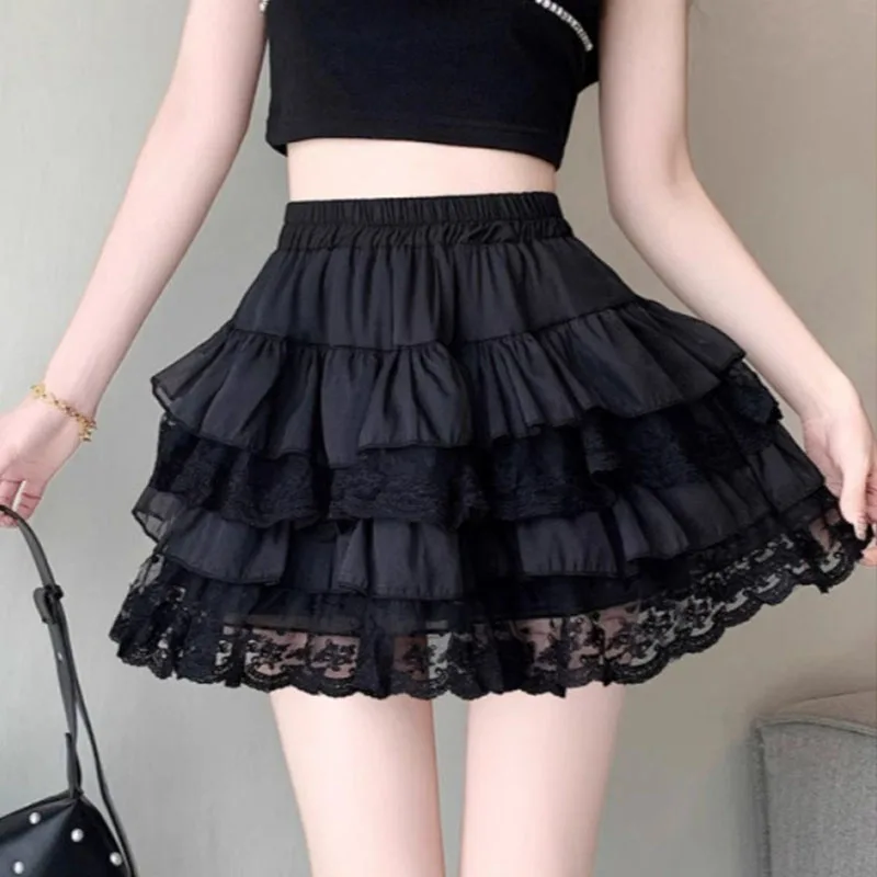 Elastic Gothic Lace Tutu Skirt Women Black Mesh Detail Petticoat Sexy Mini Tulle Skirts Party Club Wear Dancer