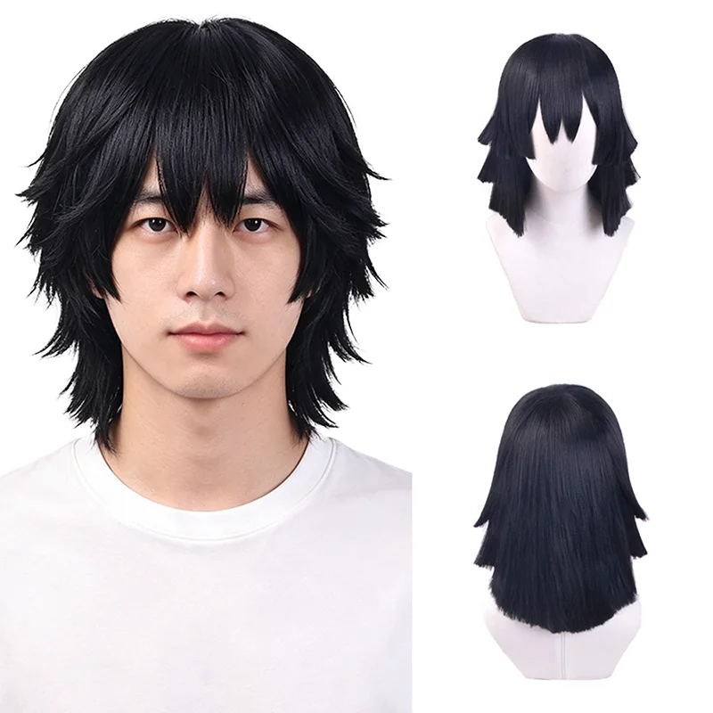 Obanai Iguro Cosplay Wig Black Short Layered Snake Hashira Heat Resistant Synthetic Hair For Men Women Anime Halloween Party