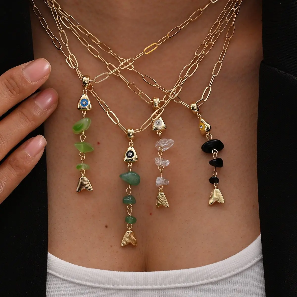 New Retro Fishbone Shaped Pendant Necklace Mini Natural Stone Freely Combinable DIY Choker Waterproof Stainless Steel Jewelry