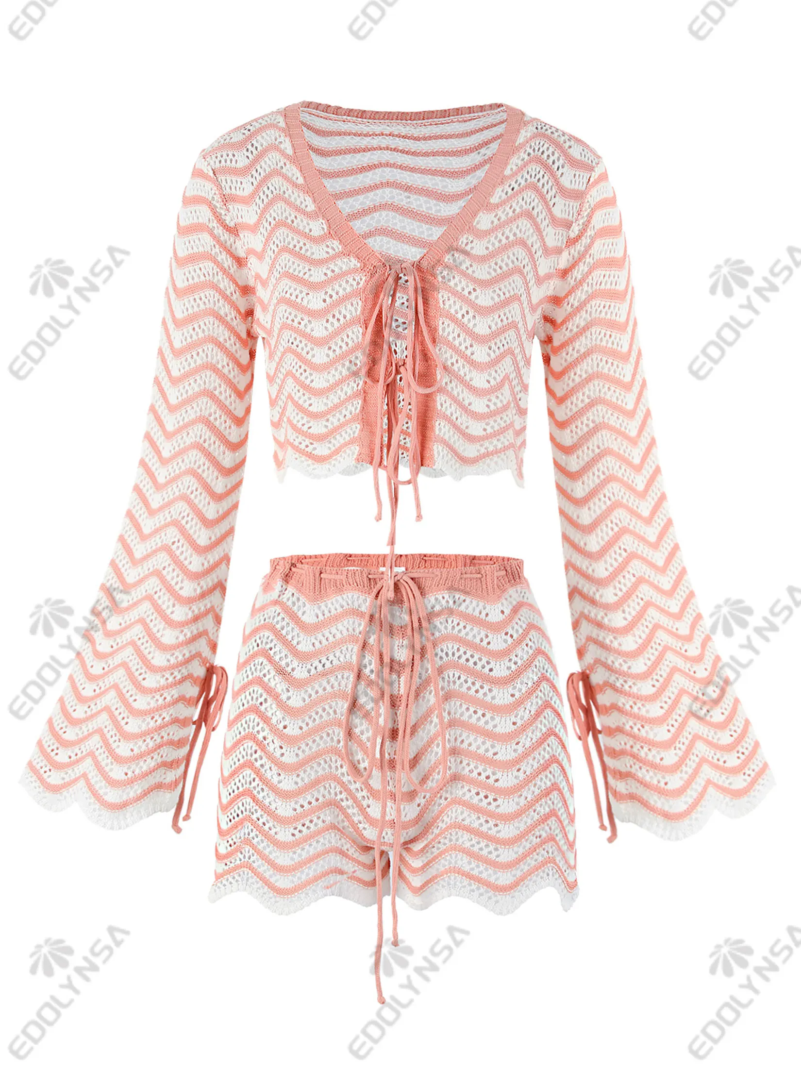 2025 Summer Sexy V-neck Lace-up Bell Sleeve Knit Short Top Shorts Two Piece Women Boho Striped Beach Swimsuit Cover Up Sets K195