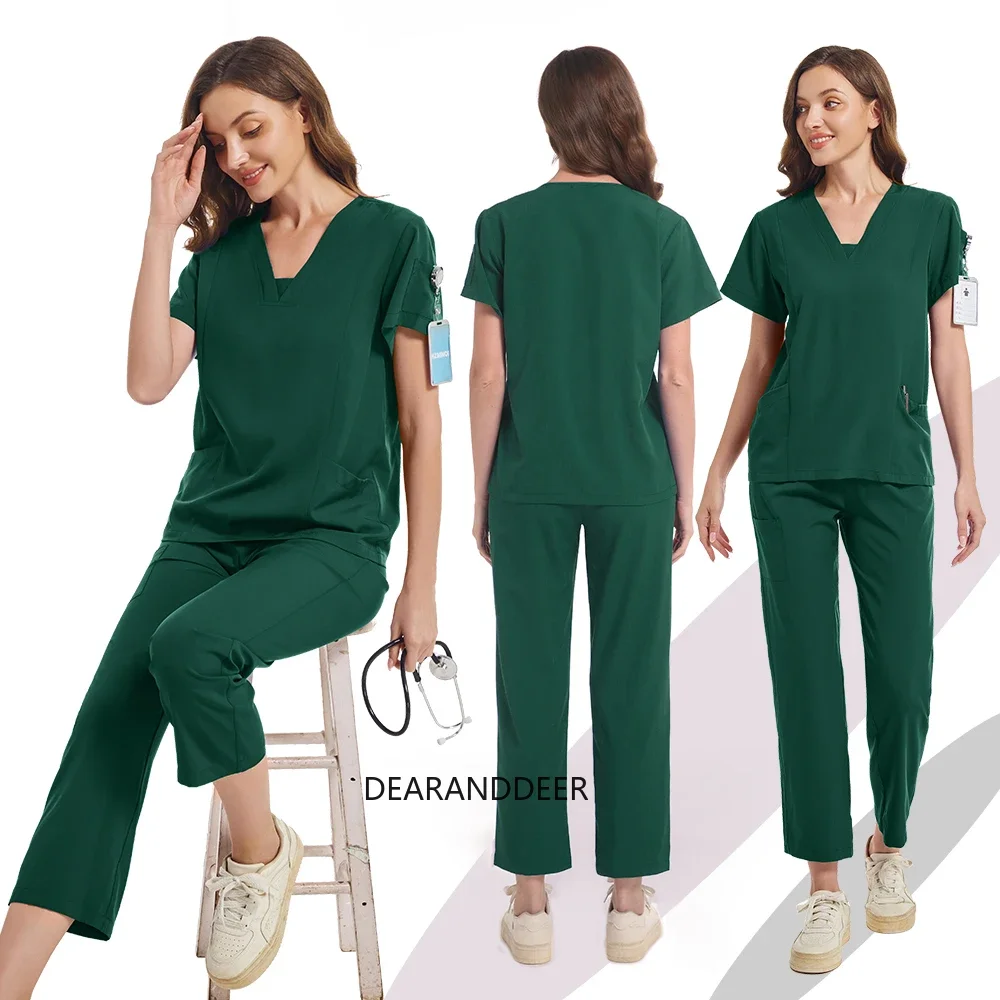 Unisex V-neck clinical lab coat with pockets and matte finish, straight-leg athletic pants for doctor dentist  nurse uniforms