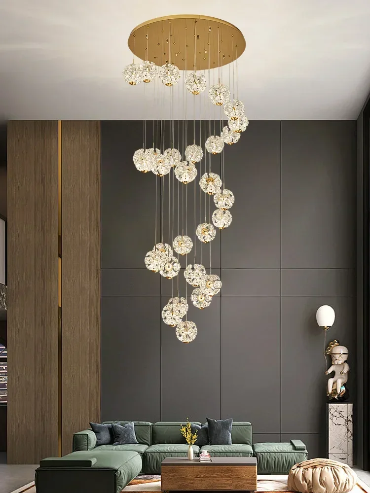 

Luxury Golden Staircase Long Crystal Chandelier Modern Living Room Villa Duplex Floor Lamp Indoor Lighting