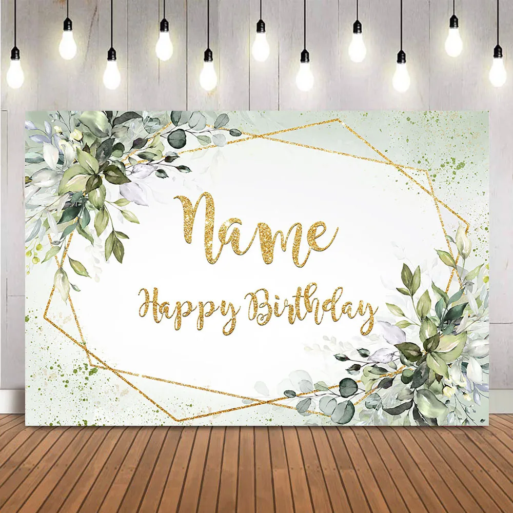 Greenery Birthday Backdrop for Photography Name Customize DIY Happy Birthday Party Decoration Gold Glitter Green Leaves Banner