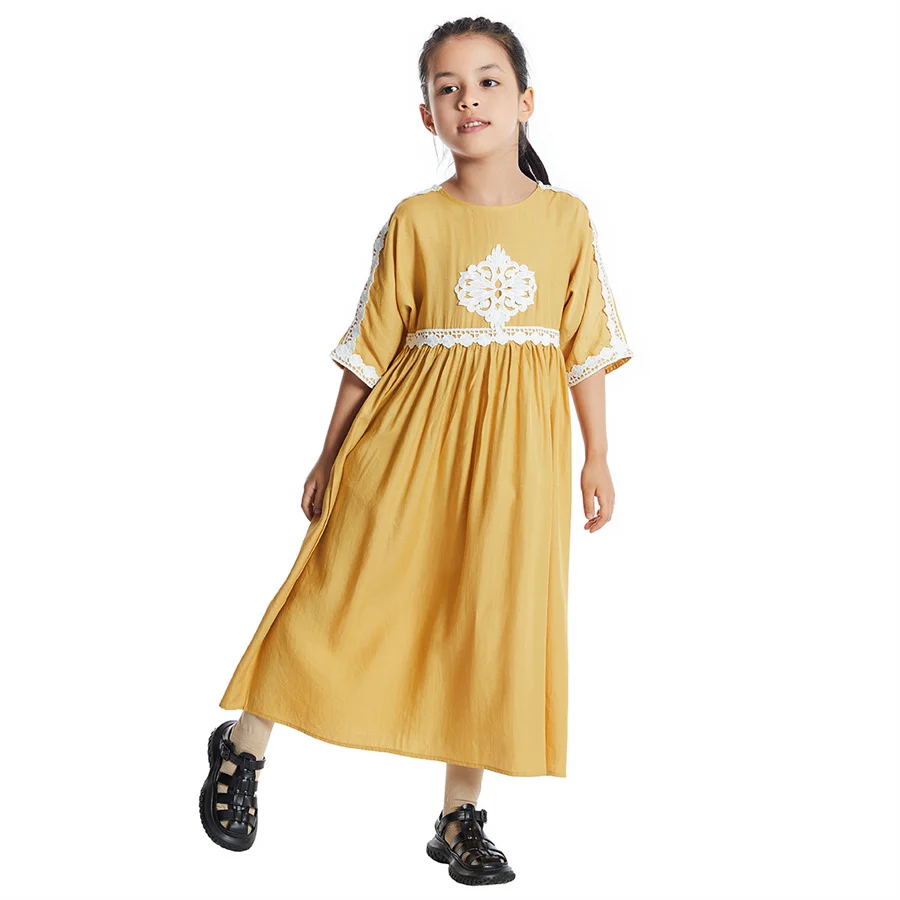 Ramadan Muslim Children Abaya Girl Summer Dress Applique Long Robe Gowns Kimono Half Sleeve Middle East Arab Islamic Clothing