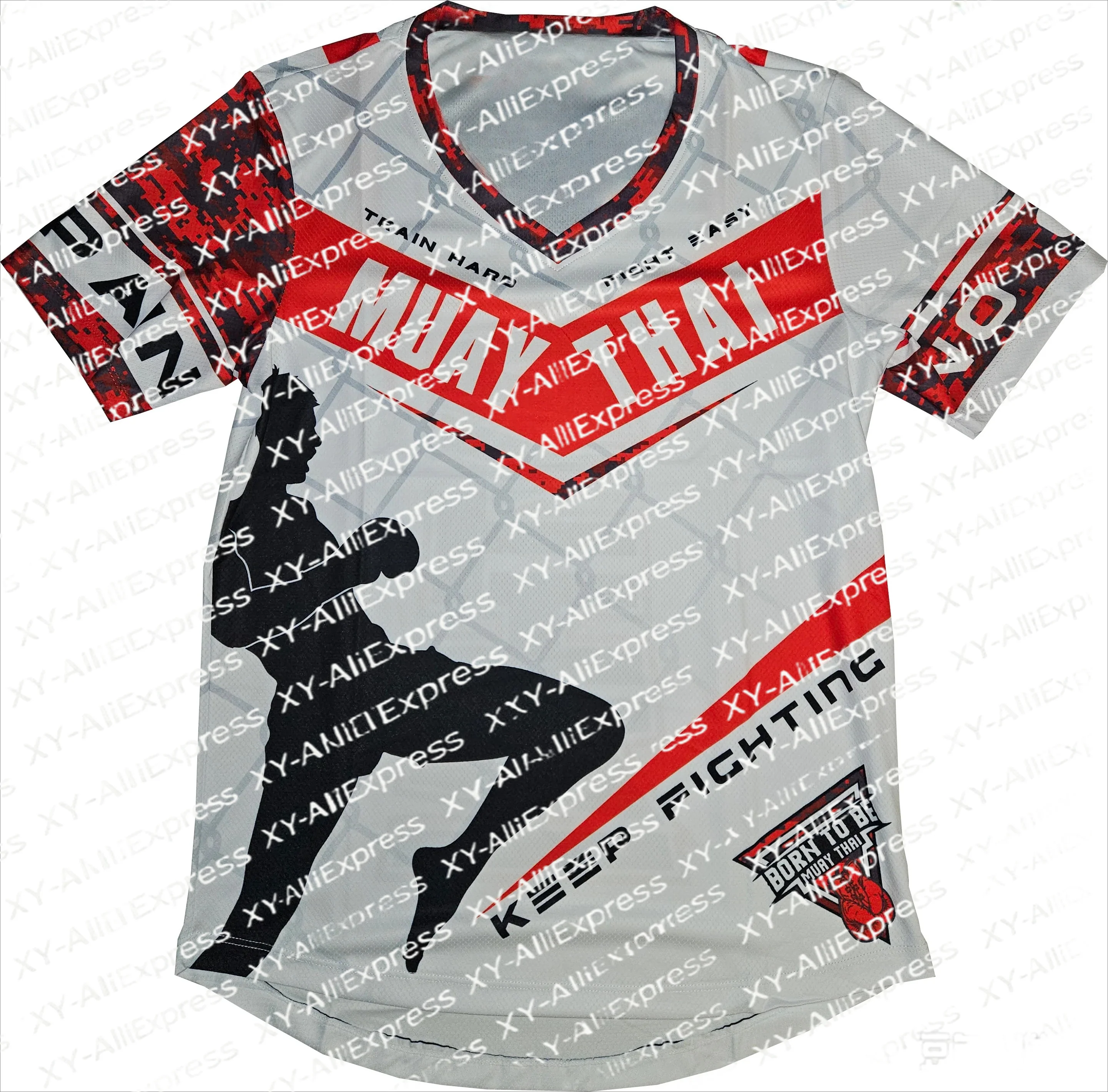 Men Muay Thai Combat Sports Quick-Dry V-Neck T-Shirt, Camouflage Combat Pattern Top Kickboxing, Martial Arts Fitness, Streetwear