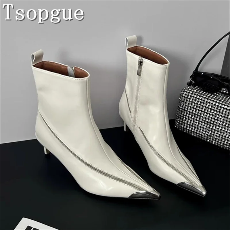 

Women New Metal Pointed Toe Ankle Boots Designer Zipper Decor Middle Heels Shot Boots Warm Winter Concise Dress Shoes