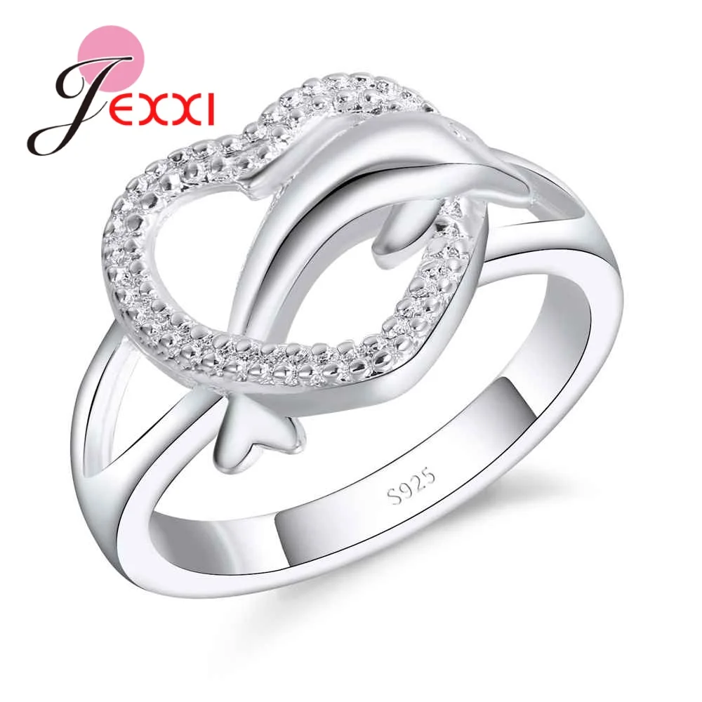 Clear 100% 925 Sterling Silver Dolphin Hollow Heart Low Key Exquisite Design Active Female Girl Jewelry Accessories Rings
