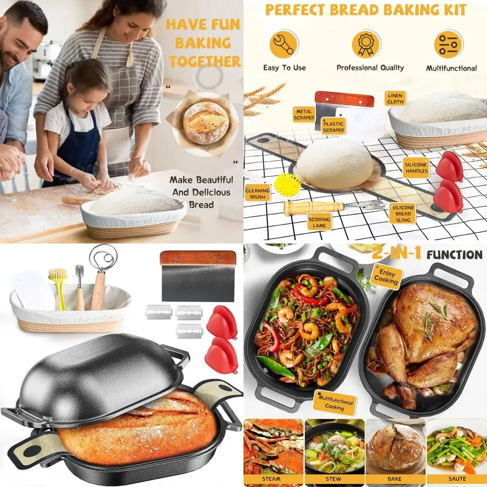 

7.5-Quart Cast Iron Dutch Oven for Bread Baking with Proofing Basket & Baking Accessories, Multi-Functional, Black