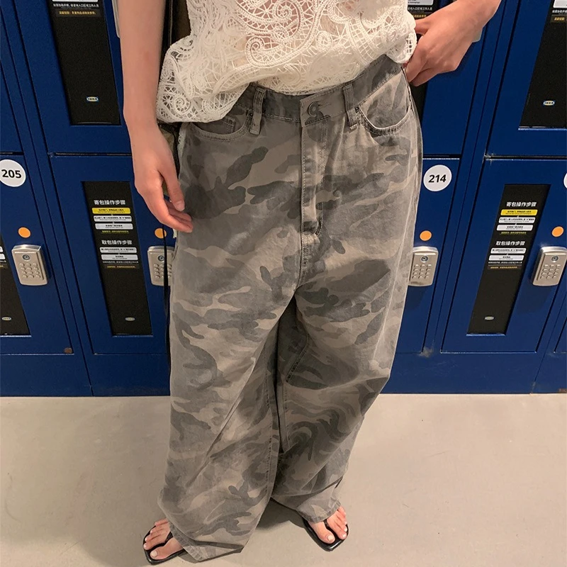 

Jeans Wide Leg Pants Women Camouflage Trousers Distressed Low Waist Washed Pockets Streetwear Loose Denim Y2k Floor Length 2025
