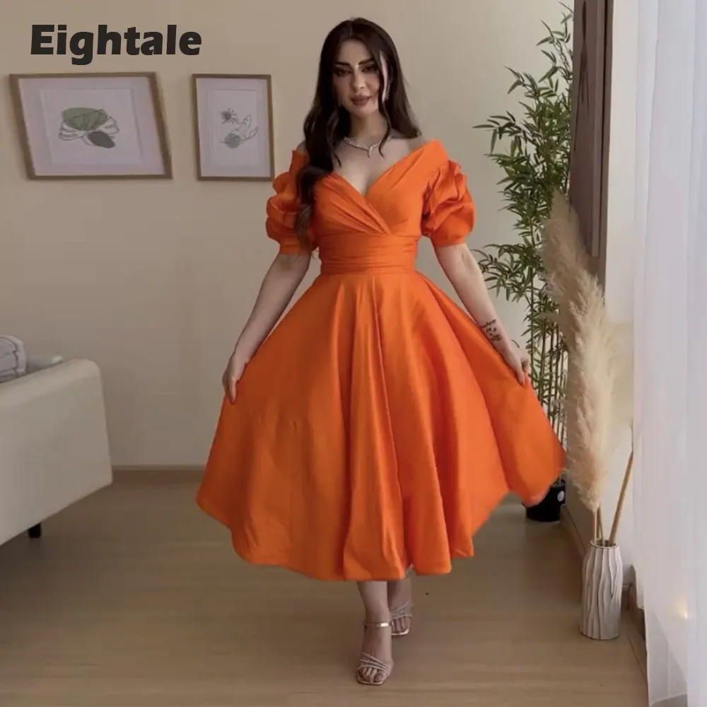 

Eightale Short Evening Dress V-Neck Short Sleeves Cute Arabic Orange Tea Length A-Line Party Gown for Prom Vestidos De Gala