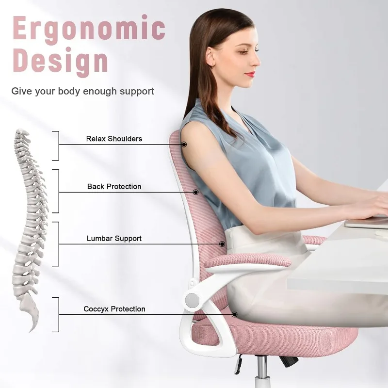 Naspaluro-silla de oficina ergonómica con respaldo medio, silla de escritorio con altura ajustable, Silla giratoria con brazos abatibles y soporte Lumbar