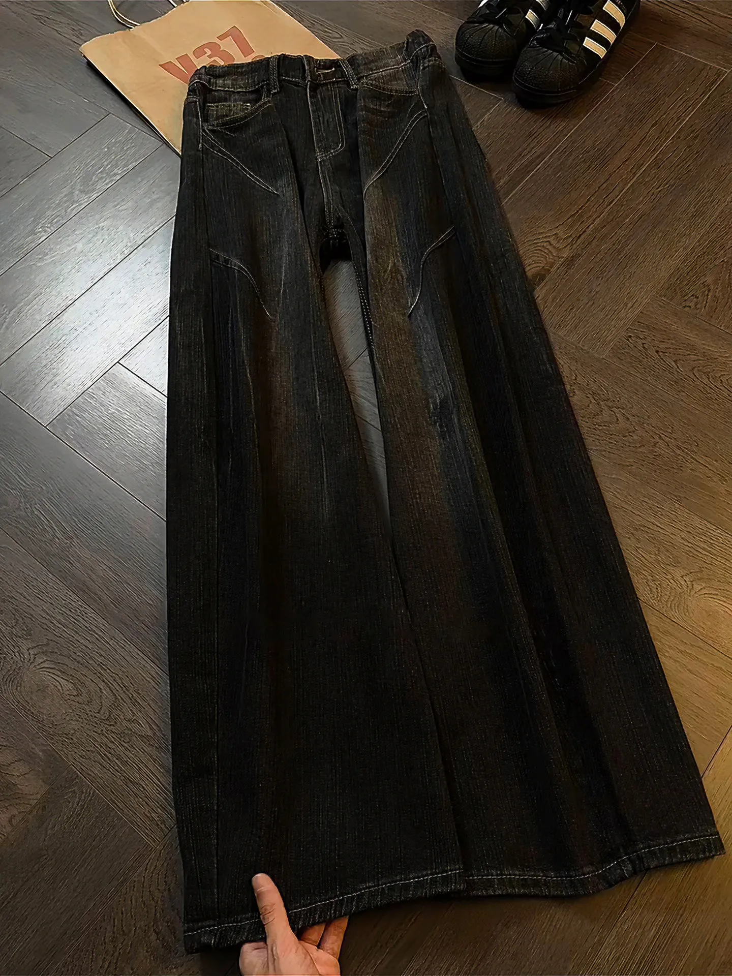 Black Bamboo Node Pattern Cowboy Jeans Men's Autumn Shark Gills Flared Pants American High Street Straight Leg Wide Leg Pants