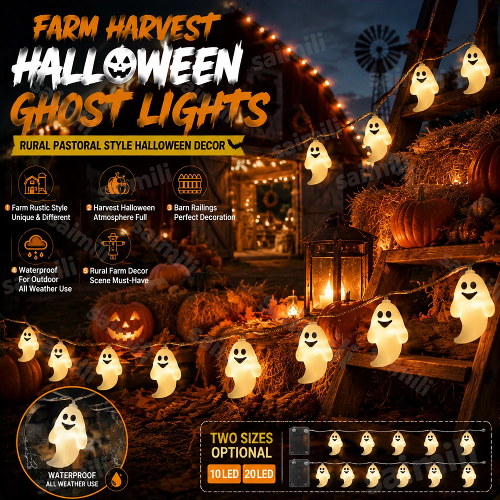 Halloween Ghost LED String Lights Long Lasting Battery Operated Warm White For Outdoor Home Party Holiday DIY Decor Lighting