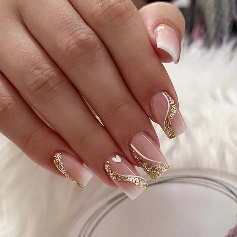 24 Stück mittelgroße quadratische künstliche Nägel, glitzernder Farbverlauf, tragbare kurze Nägel, französische Vollabdeckung, zum Aufdrücken von Nagelspitzen für heiße Mädchen