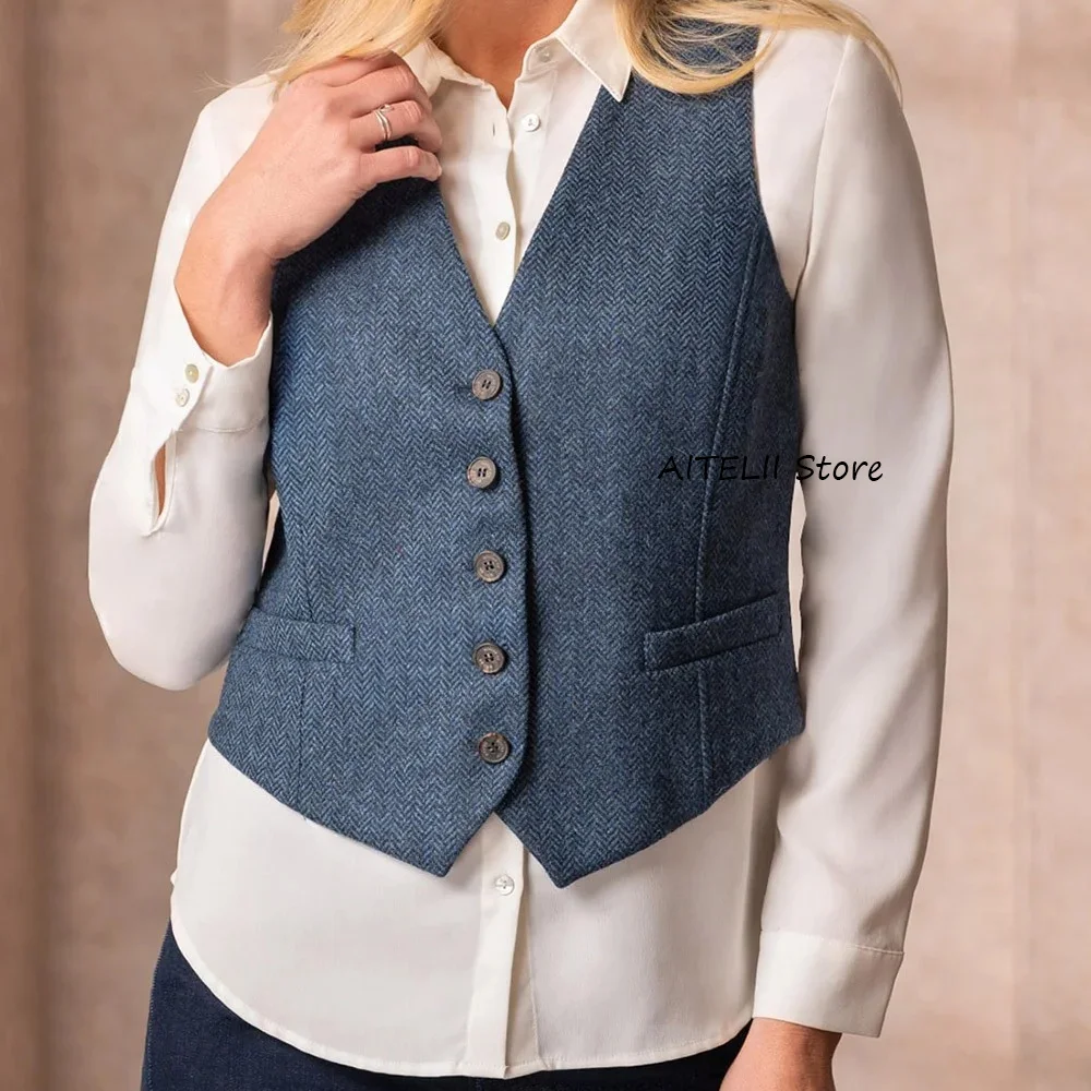 

Woman Clothing Herringbone Fabric Sleeveless Vest Woman Casual and Stylish V-neck Single-breasted Women's Coats Jackets