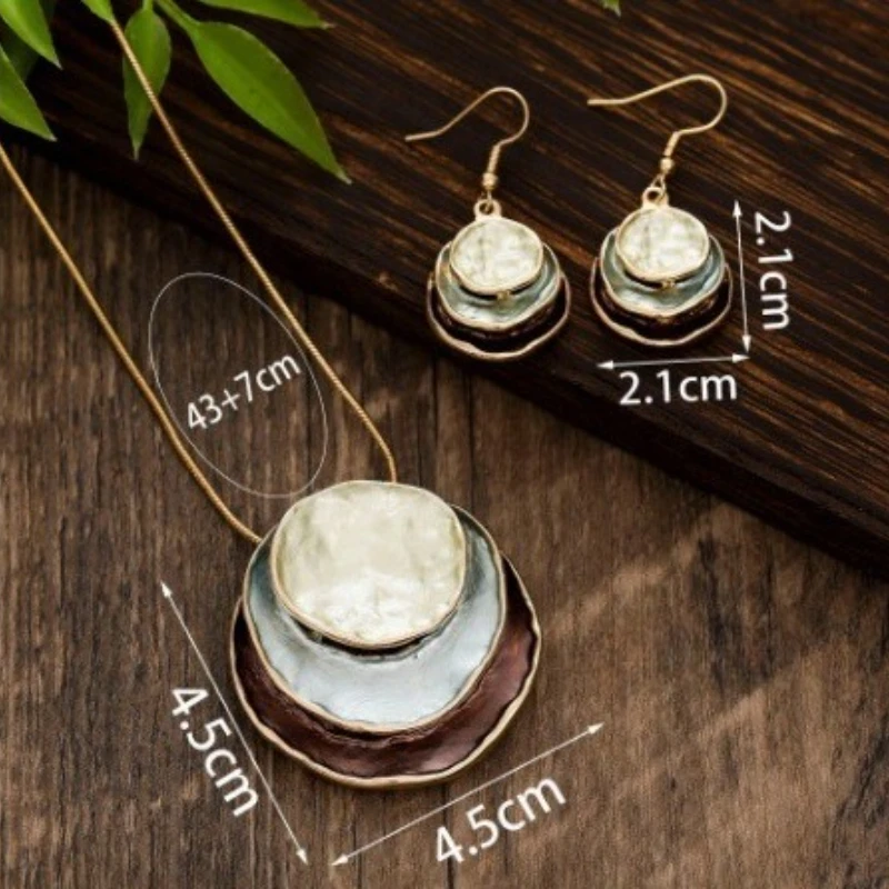 الملونة النفط اللوحة ثلاثة طبقة التعميم الجوف المعلقات القرط مجموعات البوهيمي المرأة الأزياء قلادة مجموعة سحر المجوهرات