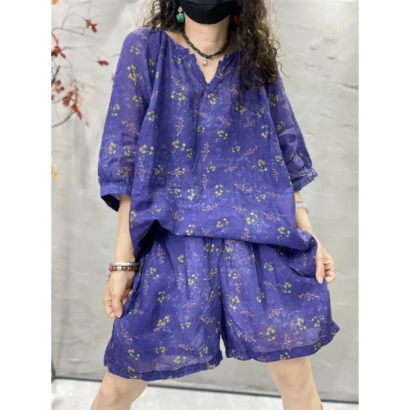 

Women's Plus Size Linen Two Piece Set Floral Print Loose Fit Top And Shorts Summer Casual Outfit