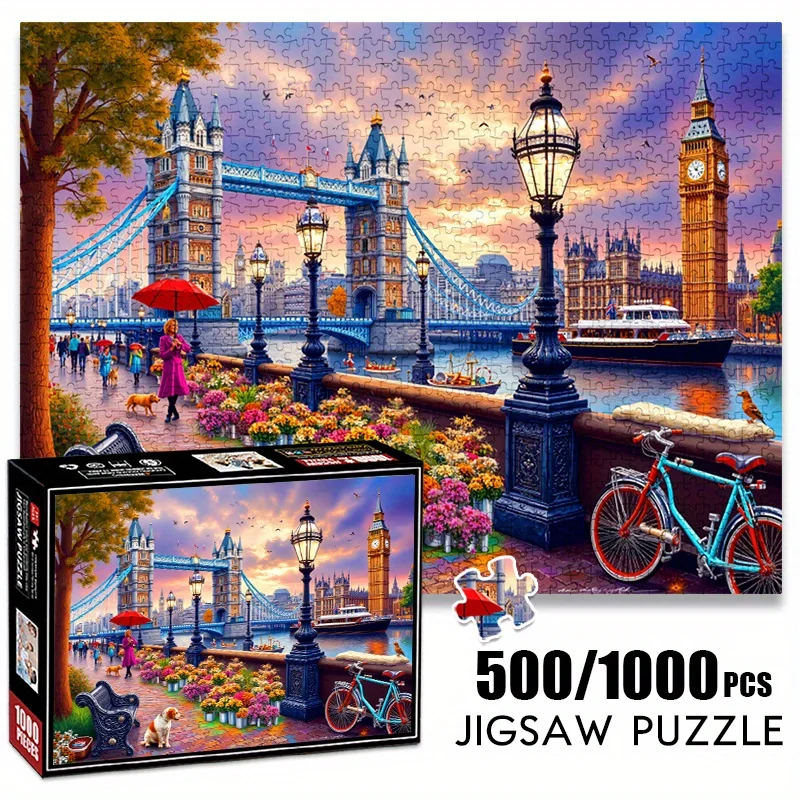 500/1000pcs London Cityscape Jigsaw Puzzle - Tower Bridge & Big Ben Sunset, Anti-Scratch Premium Paper, Expert-Level Challenge