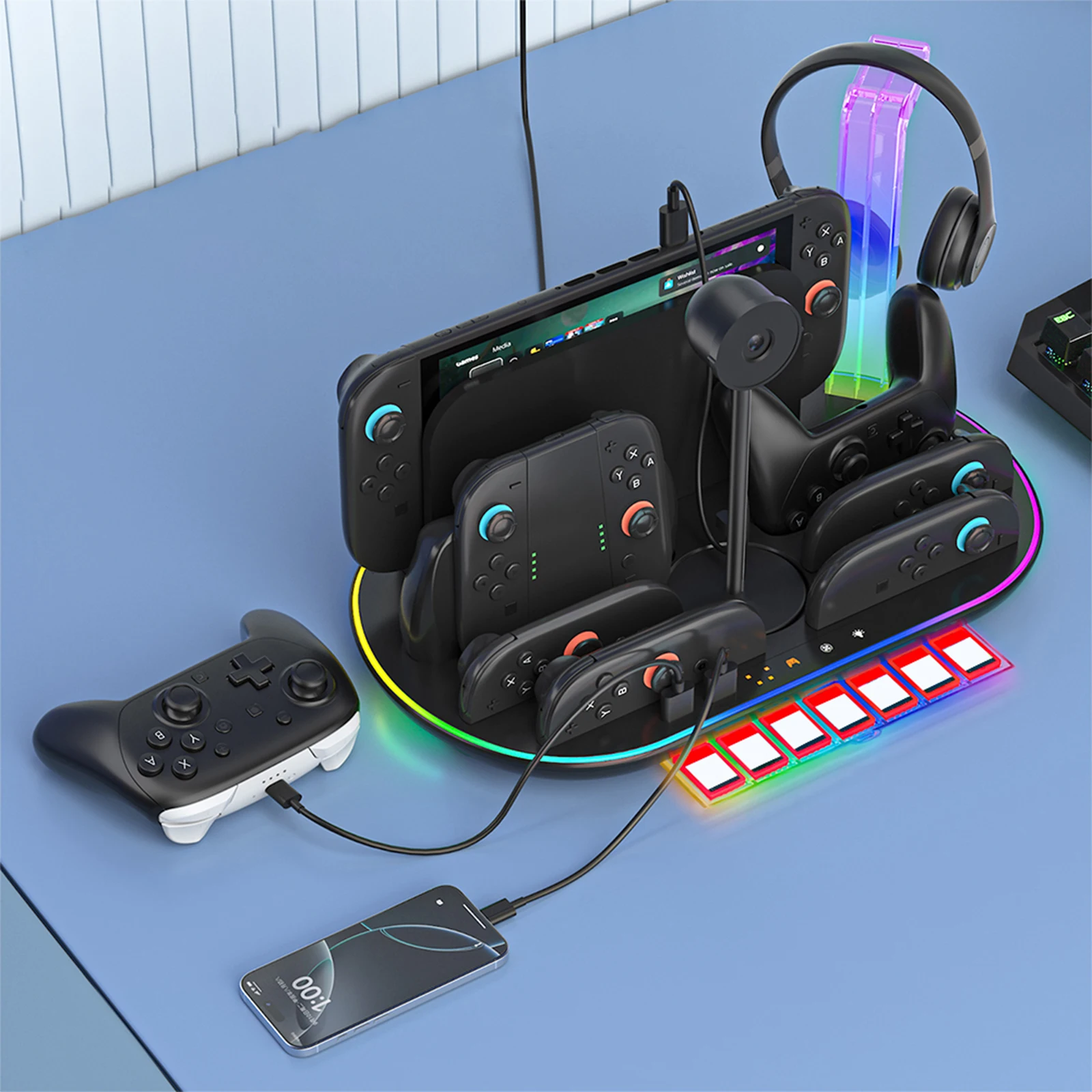 For NS2 RGB Docking Station Charging & Cooling Joy-Con Charging Base Gamepad Storage Bracket for Cameras Headphones Game Cards