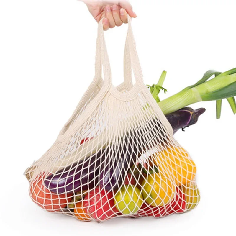 Reusable Mesh Net Grocery Tote Bag, Washable Woven Cotton Shopping Shoulder Bag with Short Handle for Fruit Vegetables