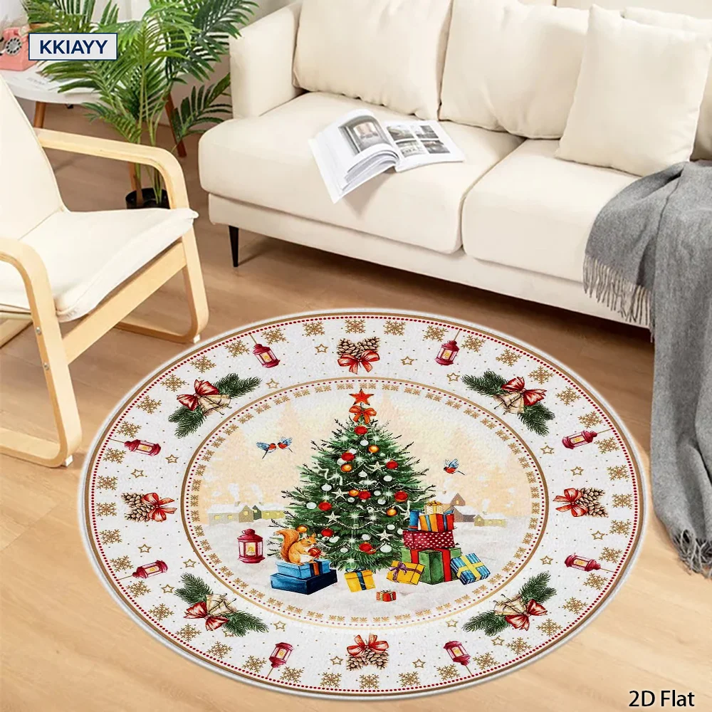 1pc 2D Flat Christmas Tree Squirrel Gift Snow Lantern Vintage Round Rug, Mat for Living Room Bedroom Bathroom, Indoor