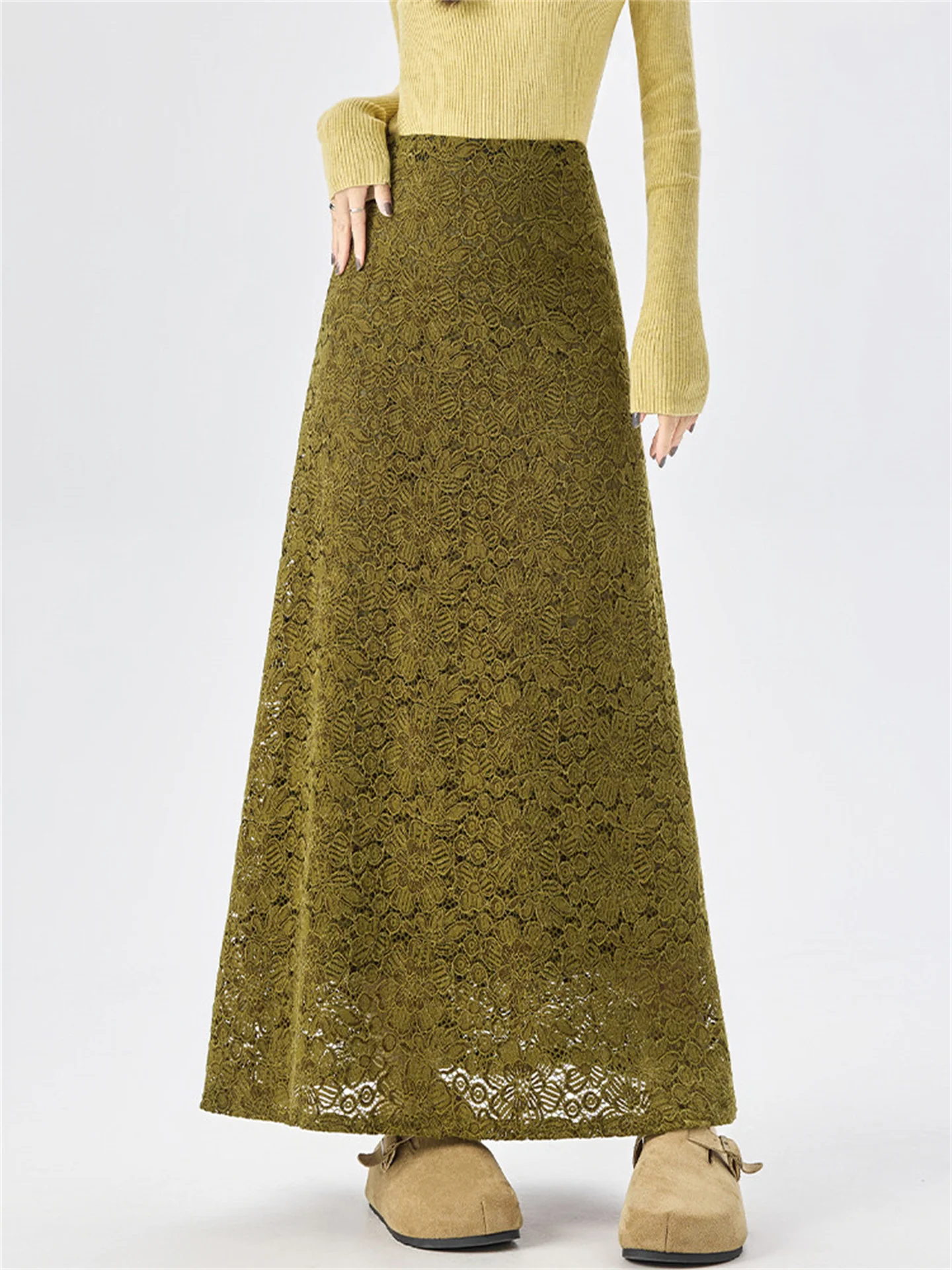 Winter Green Velvet Lace Skirt Midi A-Line  Skirt Women's High Waist Casual Style City Commute Daily Travel Shopping