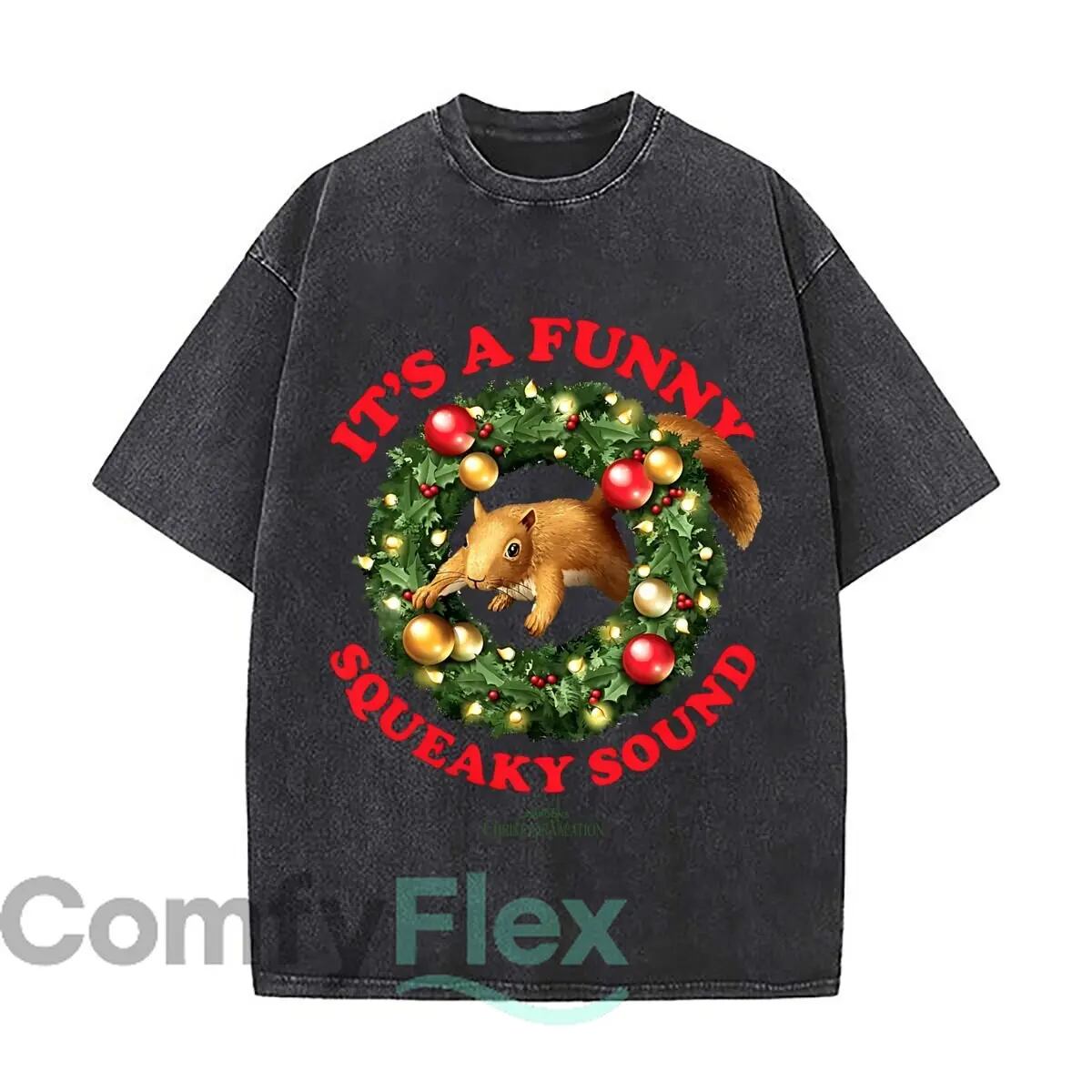 Funny Squeaky Sound Christmas Squirrel Wreath Washed Vintage Short Sleeve Loose Streetwear Tee