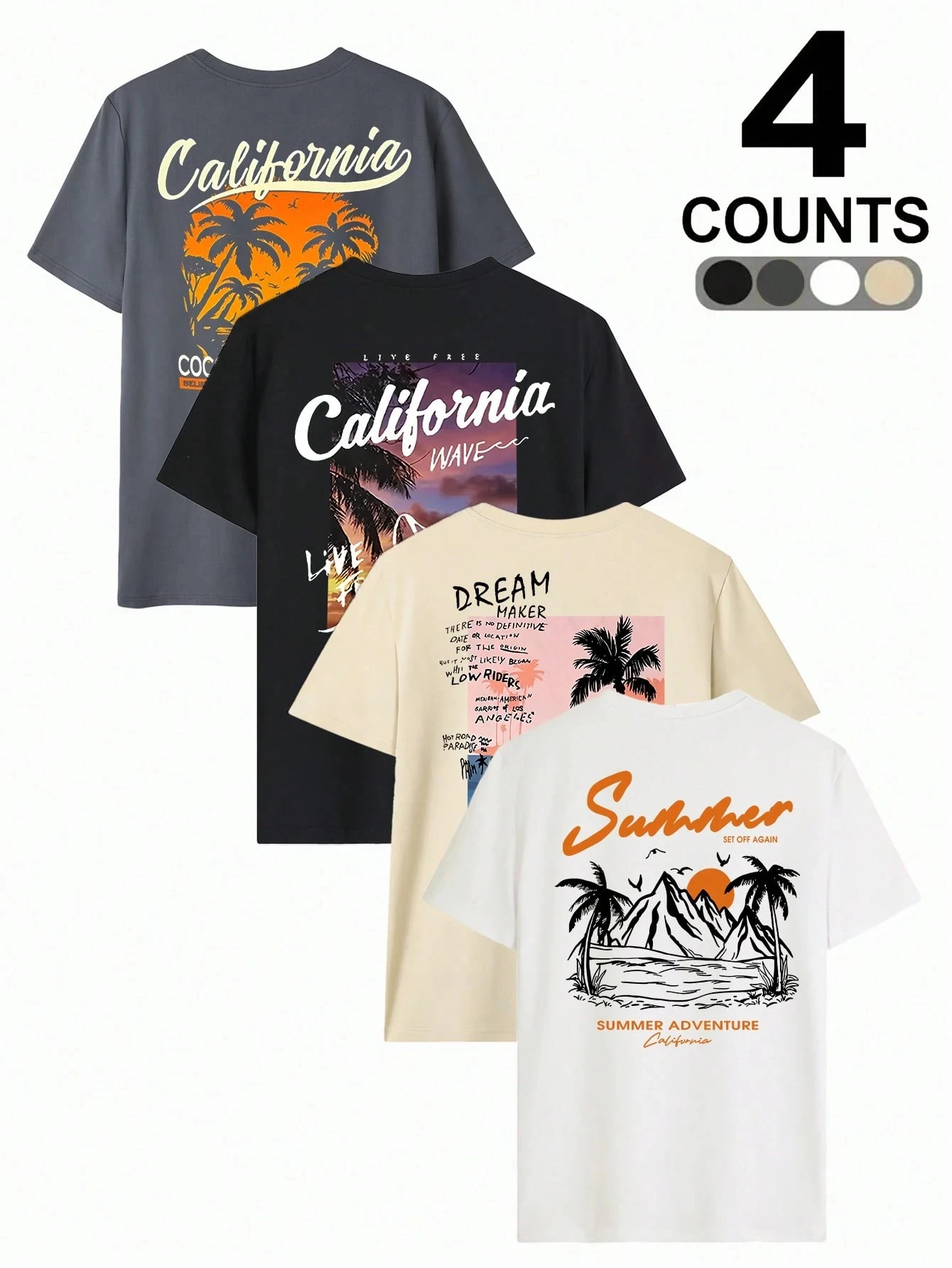 Set of 4 Men's Casual Summer Beach Style Short-Sleeve T-Shirts