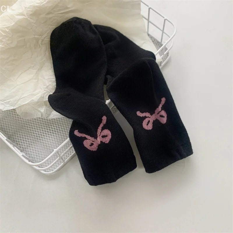 Chaussettes à nœud pour fille douces en couleurs unies - Noir, Blanc, Gris - Tube de ballet, style japonais et polyvalent