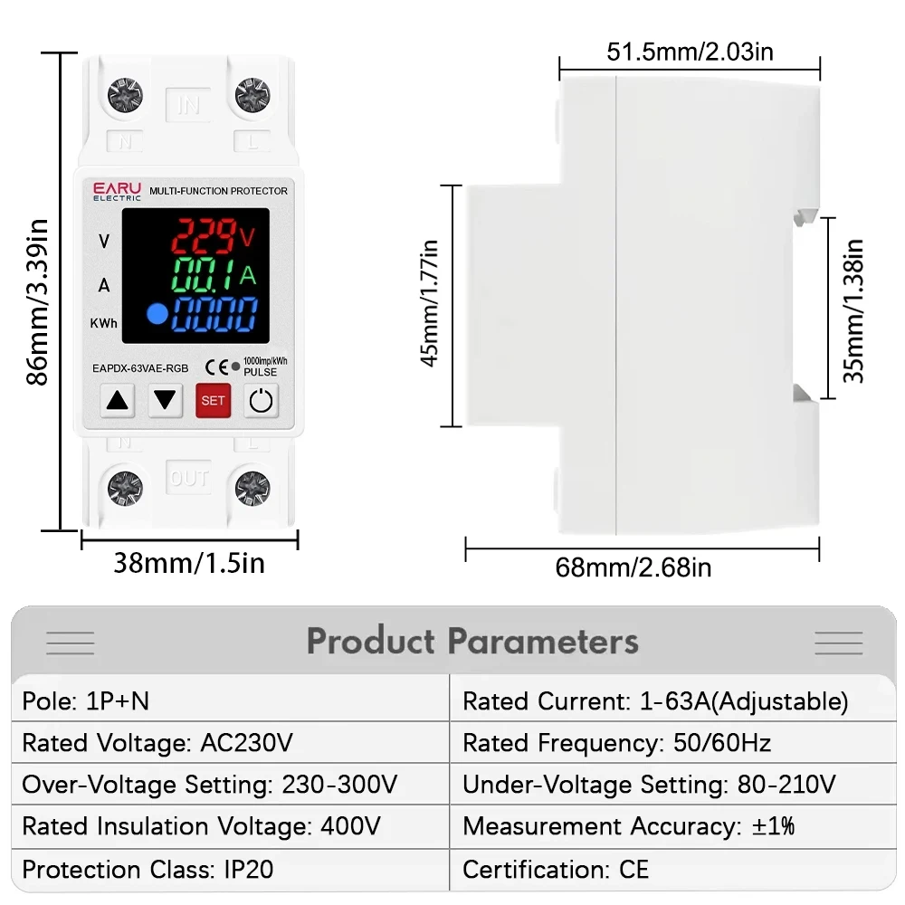 63A 230V Din Rail 3IN1 Display Adjustable Over Voltage Current and Under Voltage Protective Device Protector Relay 220V KWH